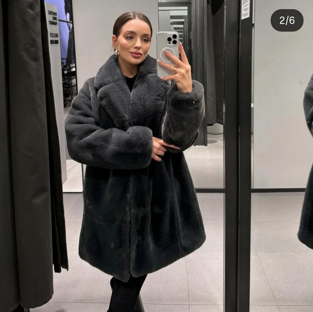 Zara FAUX FUR COAT BLACK Size XS S M - Picture 14 of 16